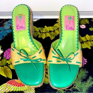 Lilly Pulitzer Turquoise and Lime Woven Platform Wedged Heels